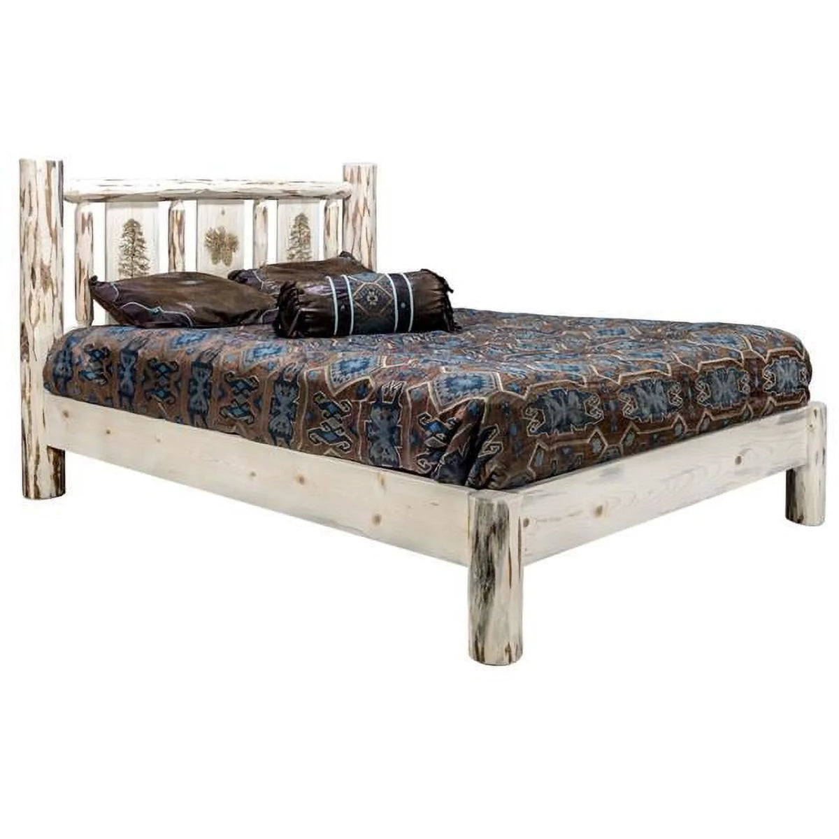 Full Platform Bed with Laser Engraved Pine Tree Design V288844