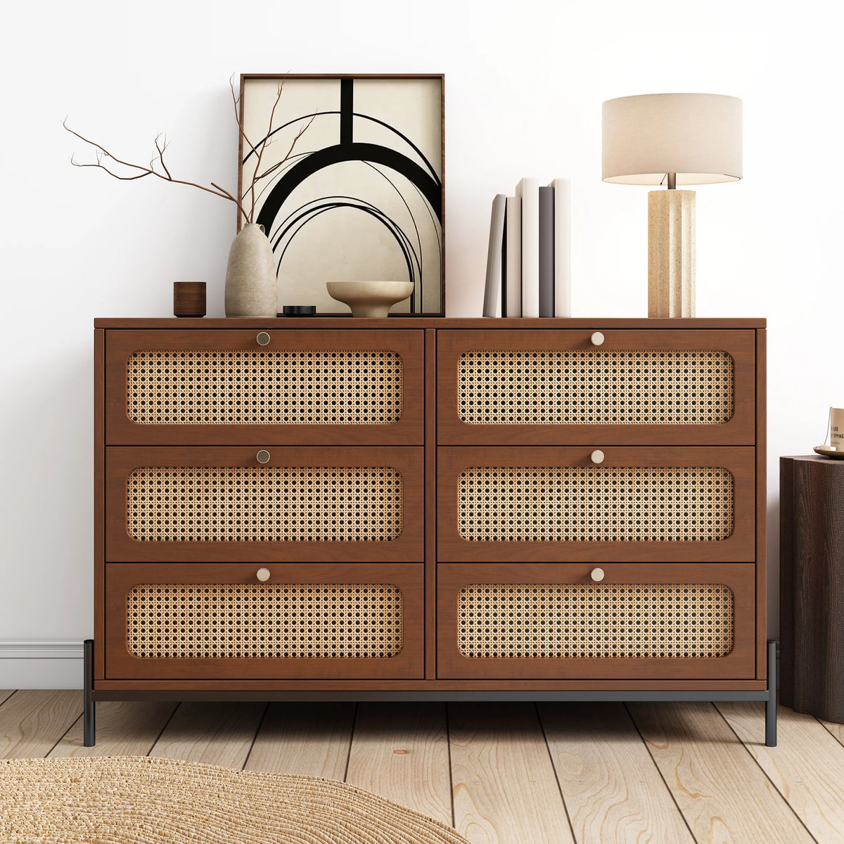 Walnut 2-Drawer Rattan Wood Side Table U788