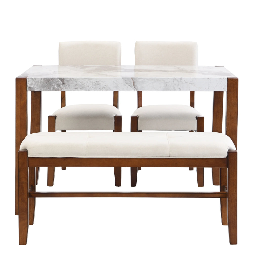 4-Piece Faux Marble Dining Furniture Set with 2 Upholstered Chairs & Bench D727089