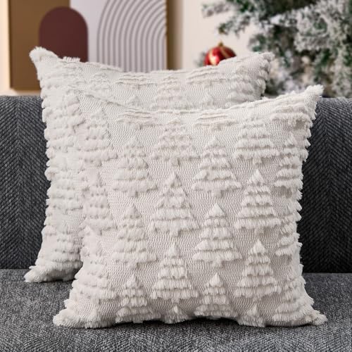 Dark Green Christmas Tree Pillow Covers 18 x 18 Set of 2 Plush Faux Fur S578