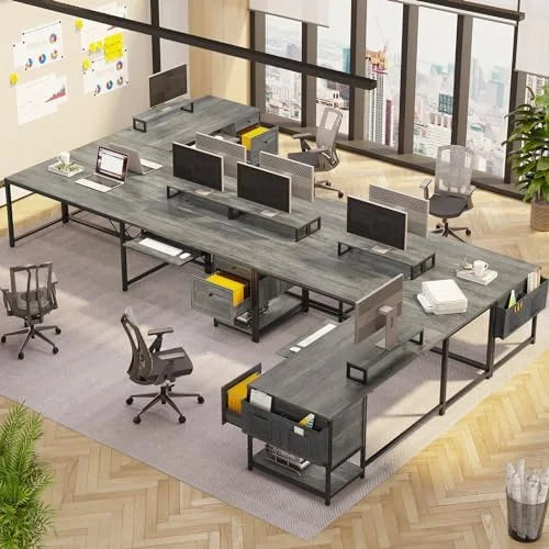 Rustic Brown L Shaped Desk with LED Lights and File Drawers M2119