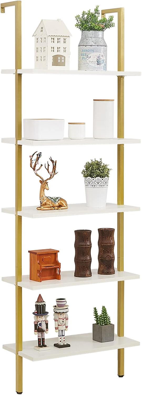 White / Gold 5-Tier Ladder Shelf with Metal Frame P47854