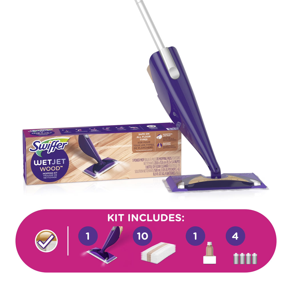 Wood Floor Mopping Starter Kit with Mop, 10 Pads, Solution, Batteries F389