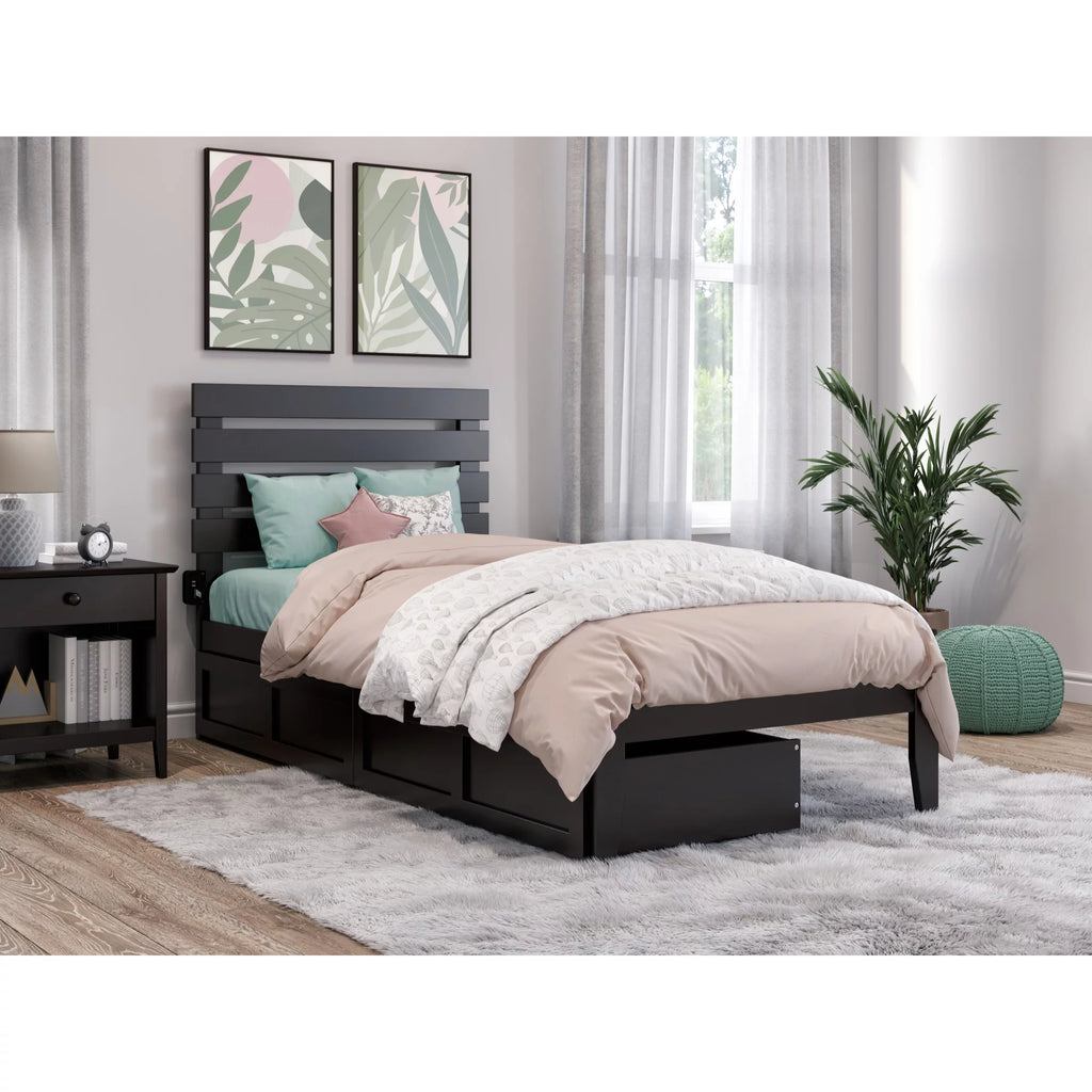Espresso Wood Twin Bed with 2 Drawers U6636