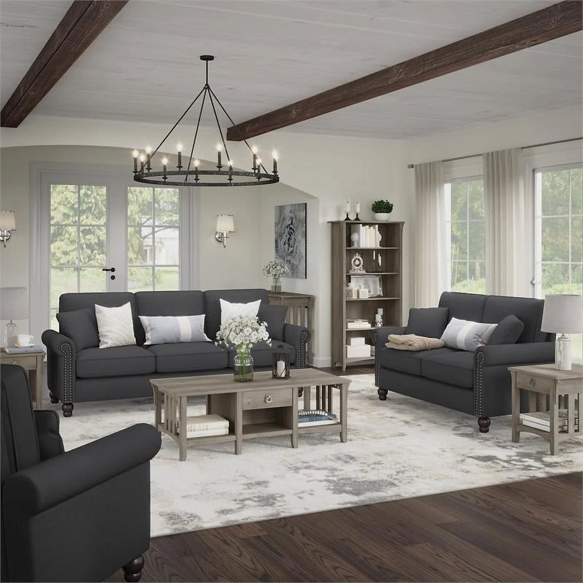 Charcoal Gray Herringbone Fabric L Shaped Sectional G765