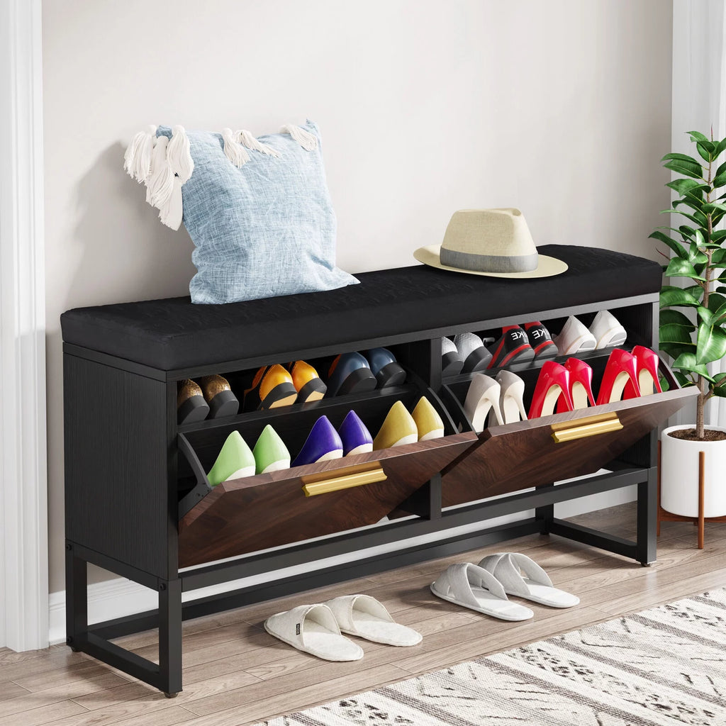 Shoe Storage Bench with Cushion & 2 Flip Drawers Z373259
