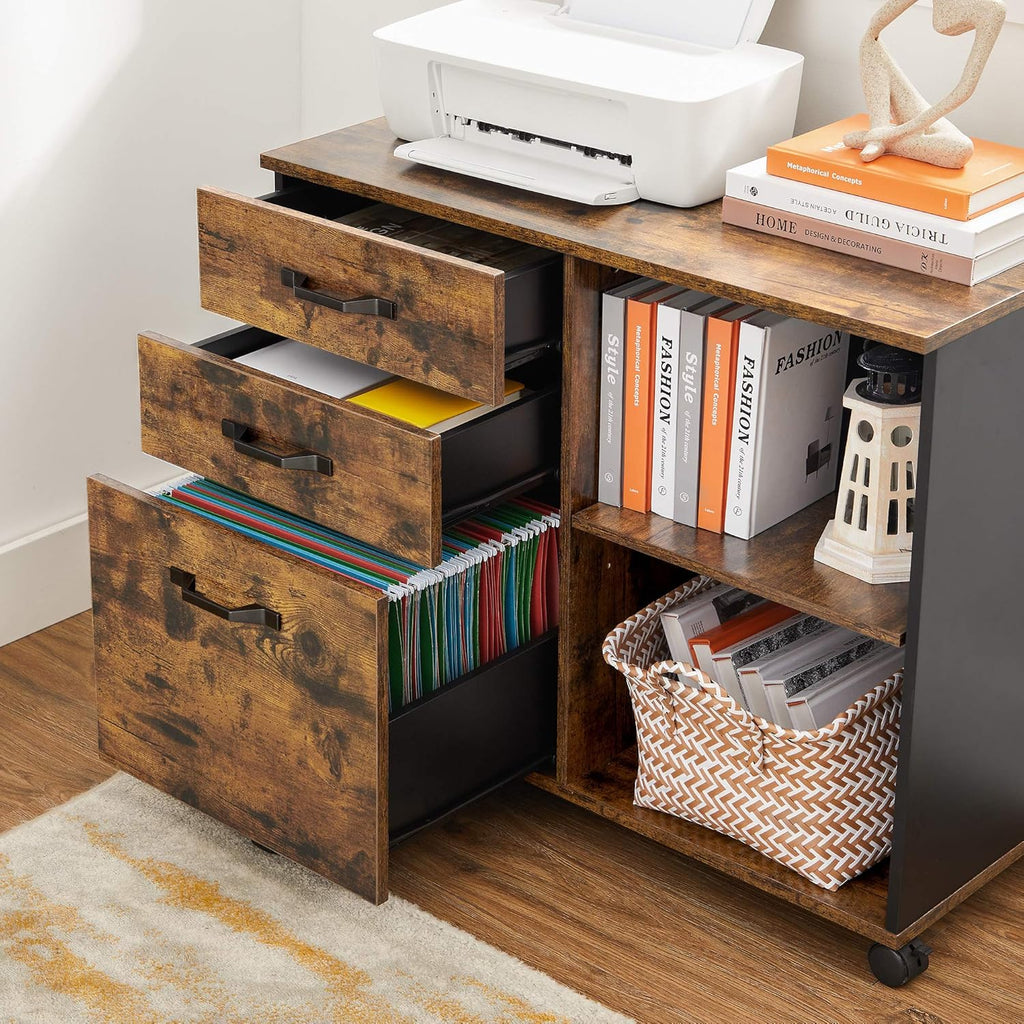 Industrial 3-Drawer Mobile Lateral Filing Cabinet, Rustic Brown and Black R94048