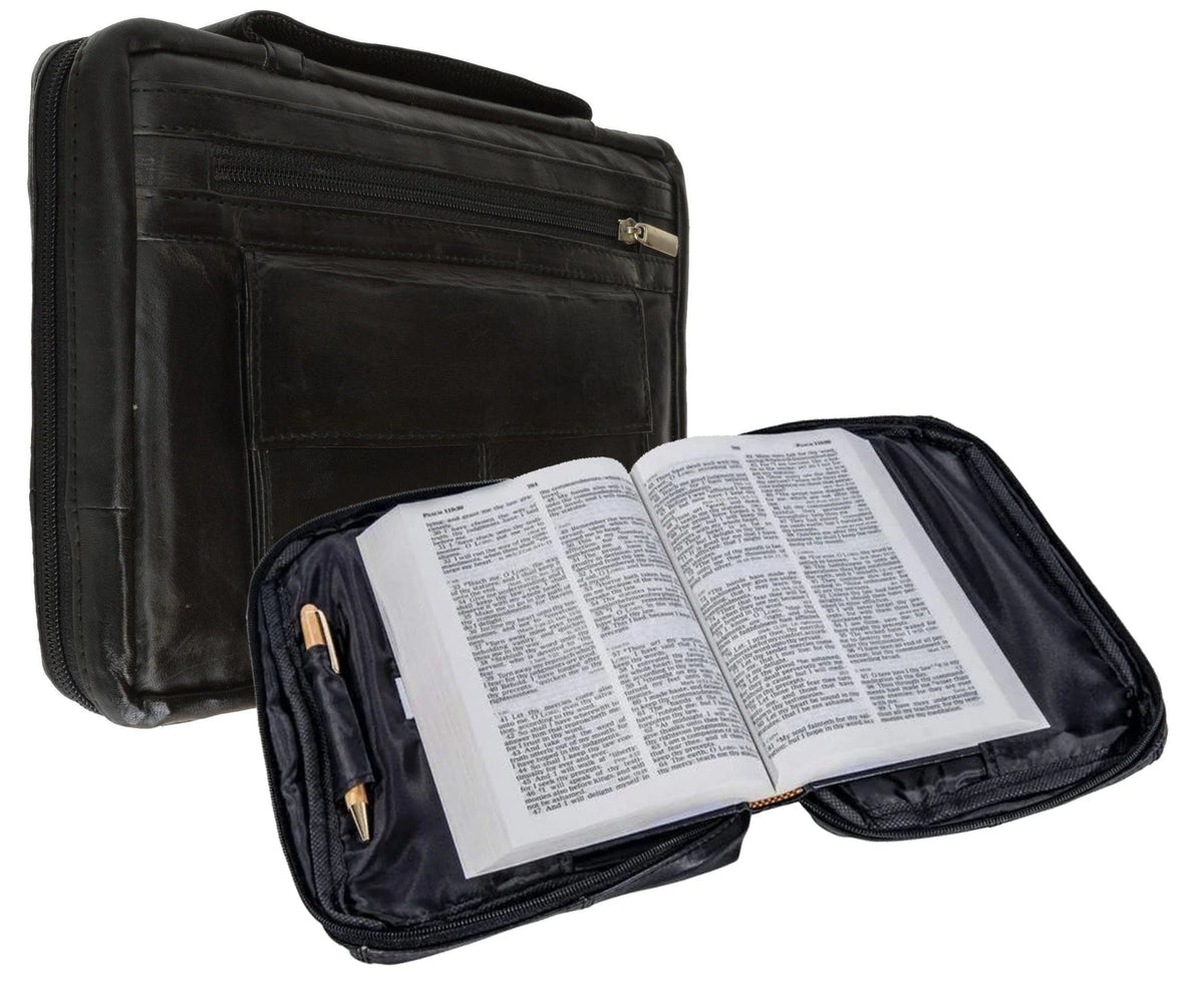 Black Genuine Leather Bible Cover Zippered Bag F909269