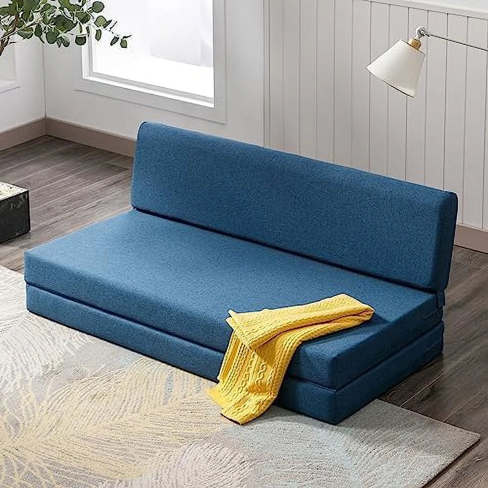 Twin Folding Sofa Couch Bed with Memory Foam Mattress Linen Fabric O60602