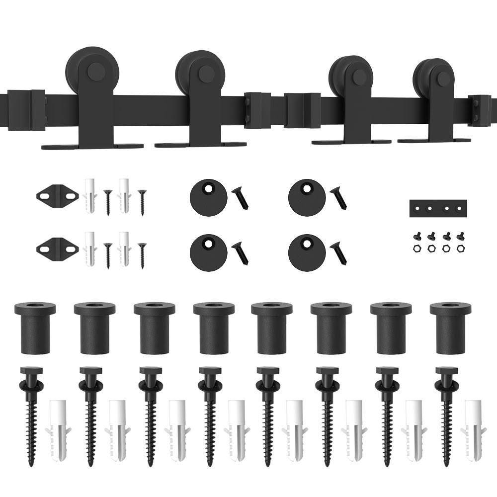 Frosted Black Top Mount Sliding Barn Door Hardware Track Kit for Double Doors with Non-Routed Floor Guide L97648