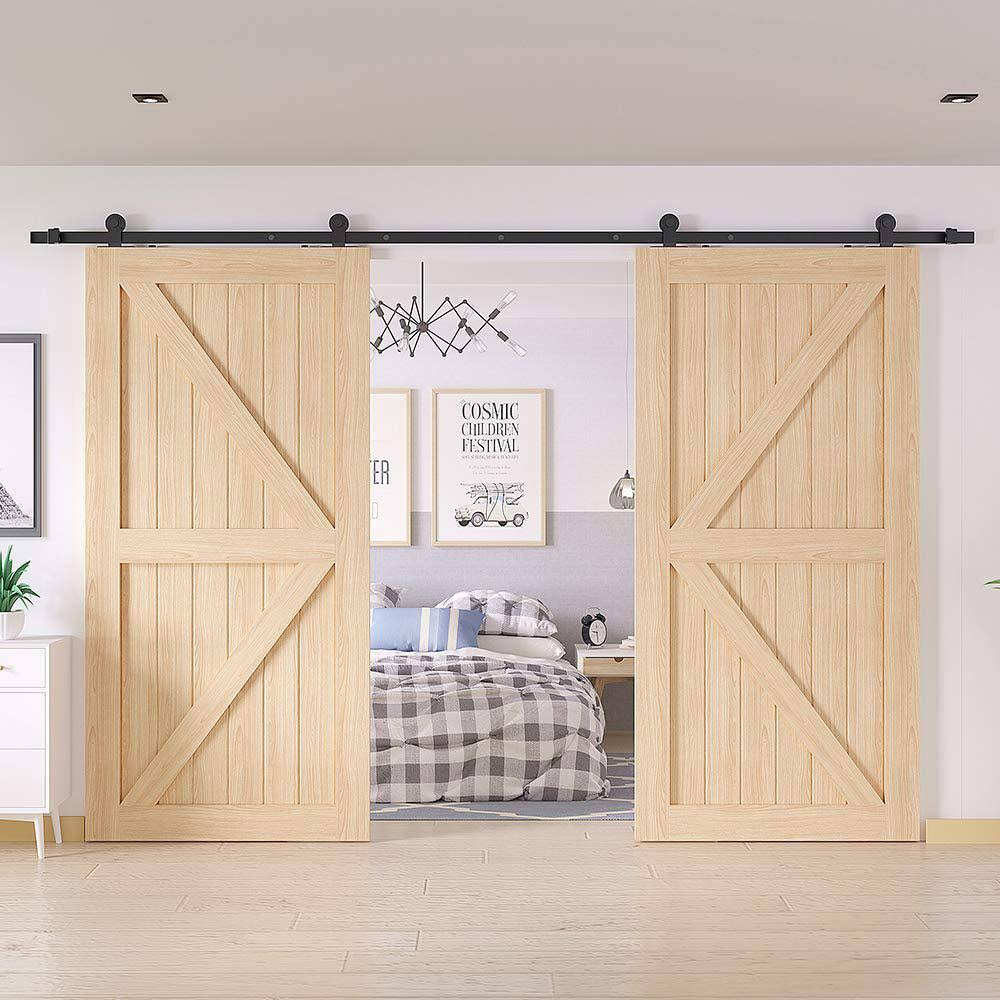 Frosted Black Top Mount Sliding Barn Door Hardware Track Kit for Double Doors with Non-Routed Floor Guide L97648