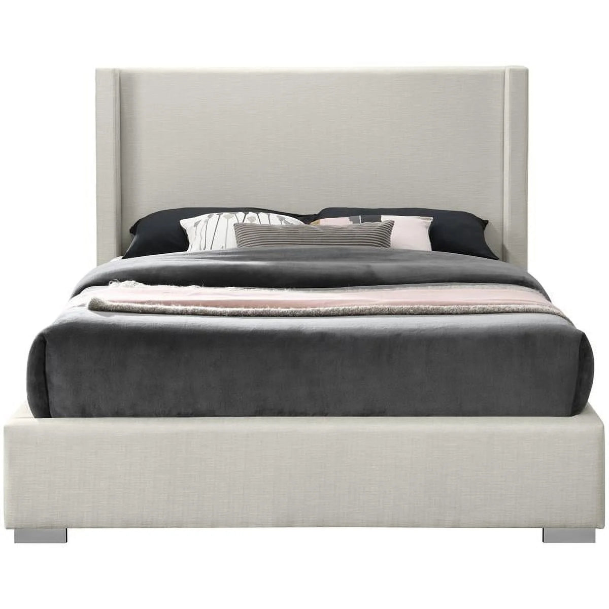 Beige Linen Textured Fabric King Bed E9601