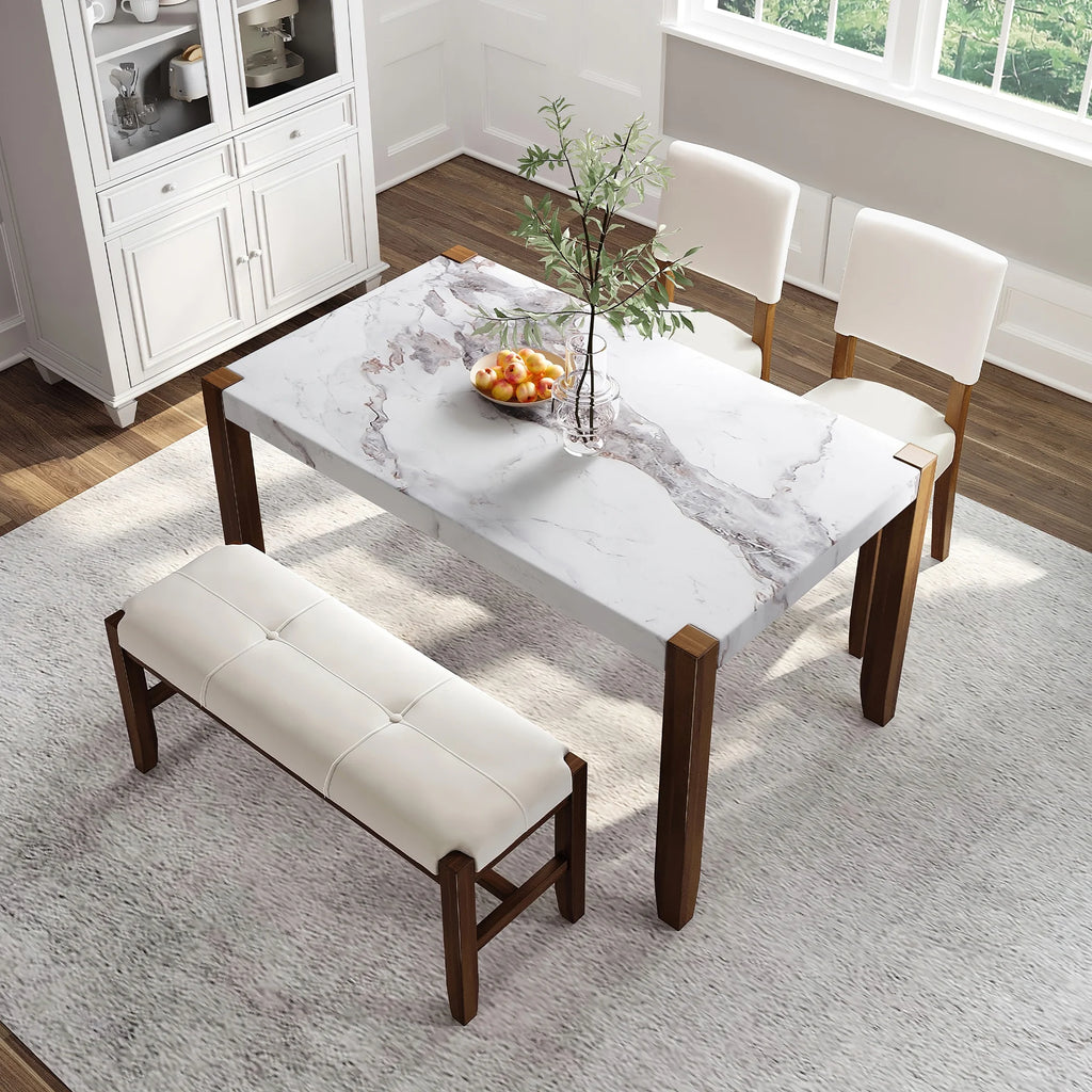 4-Piece Faux Marble Dining Furniture Set with 2 Upholstered Chairs & Bench D727089