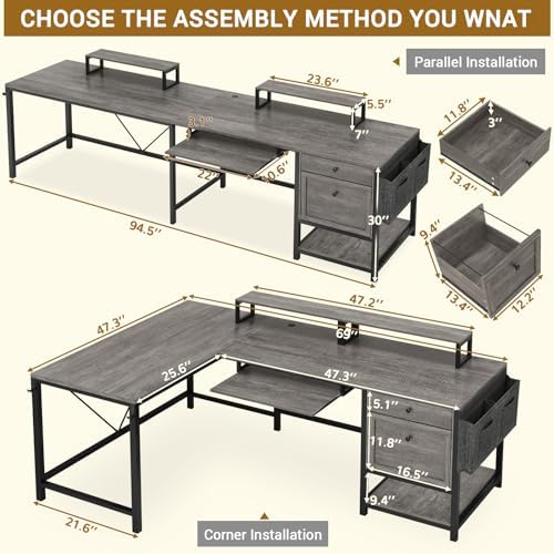 Rustic Brown L Shaped Desk with LED Lights and File Drawers M2119