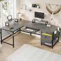 Rustic Brown L Shaped Desk with LED Lights and File Drawers M2119