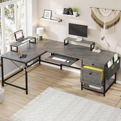 Rustic Brown L Shaped Desk with LED Lights and File Drawers M2119