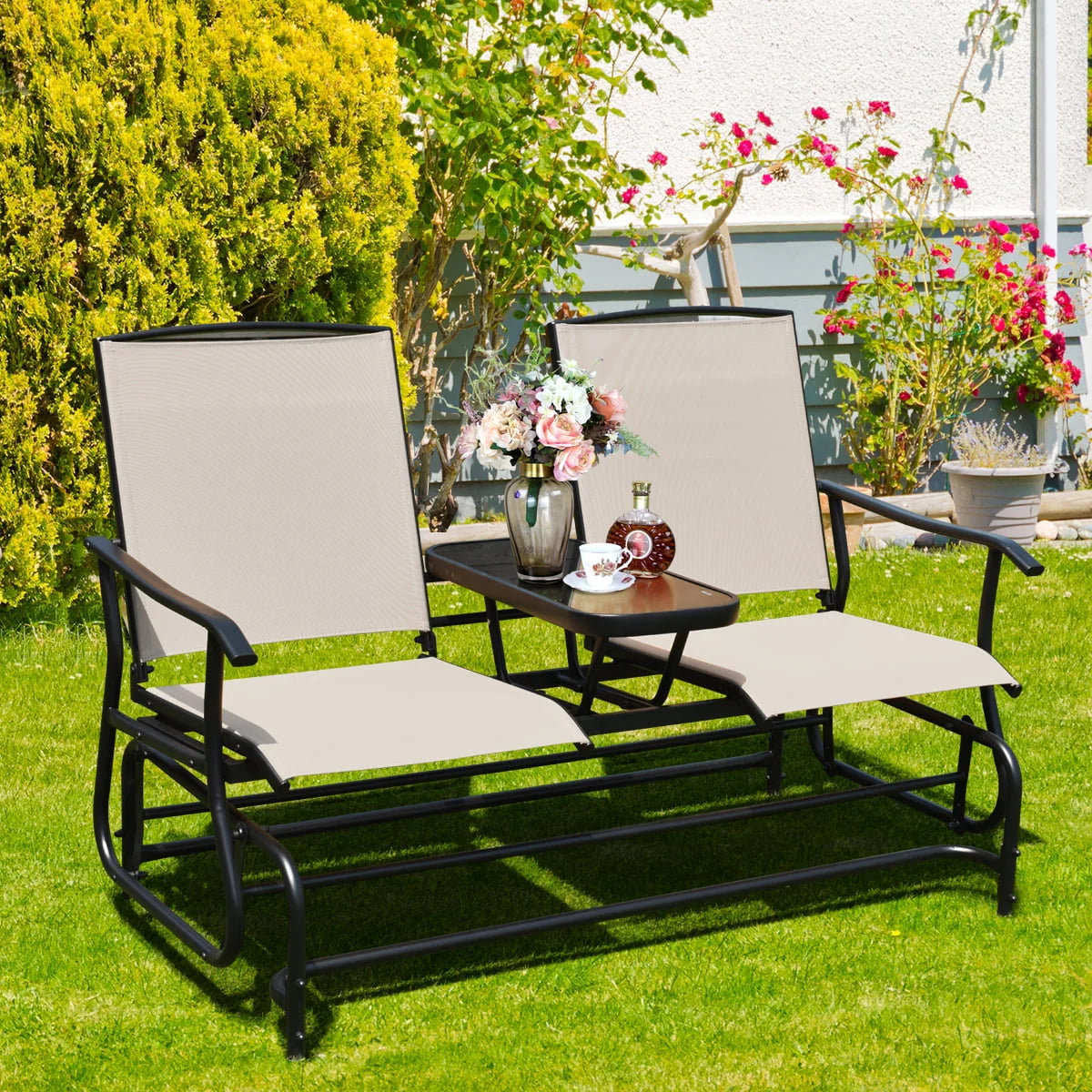 2 Person Patio Glider Loveseat with Center Table F1278